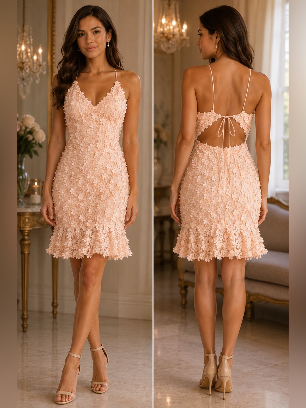 Aidan Aidan Mattox Blush Pink 3D Floral Lace Cutout Tie Back Midi Dress 12 NWOT